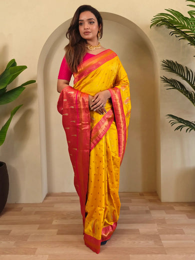 Beautiful Yellow Paithani Silk Zari Weaving Work Traditional Saree With Blouse